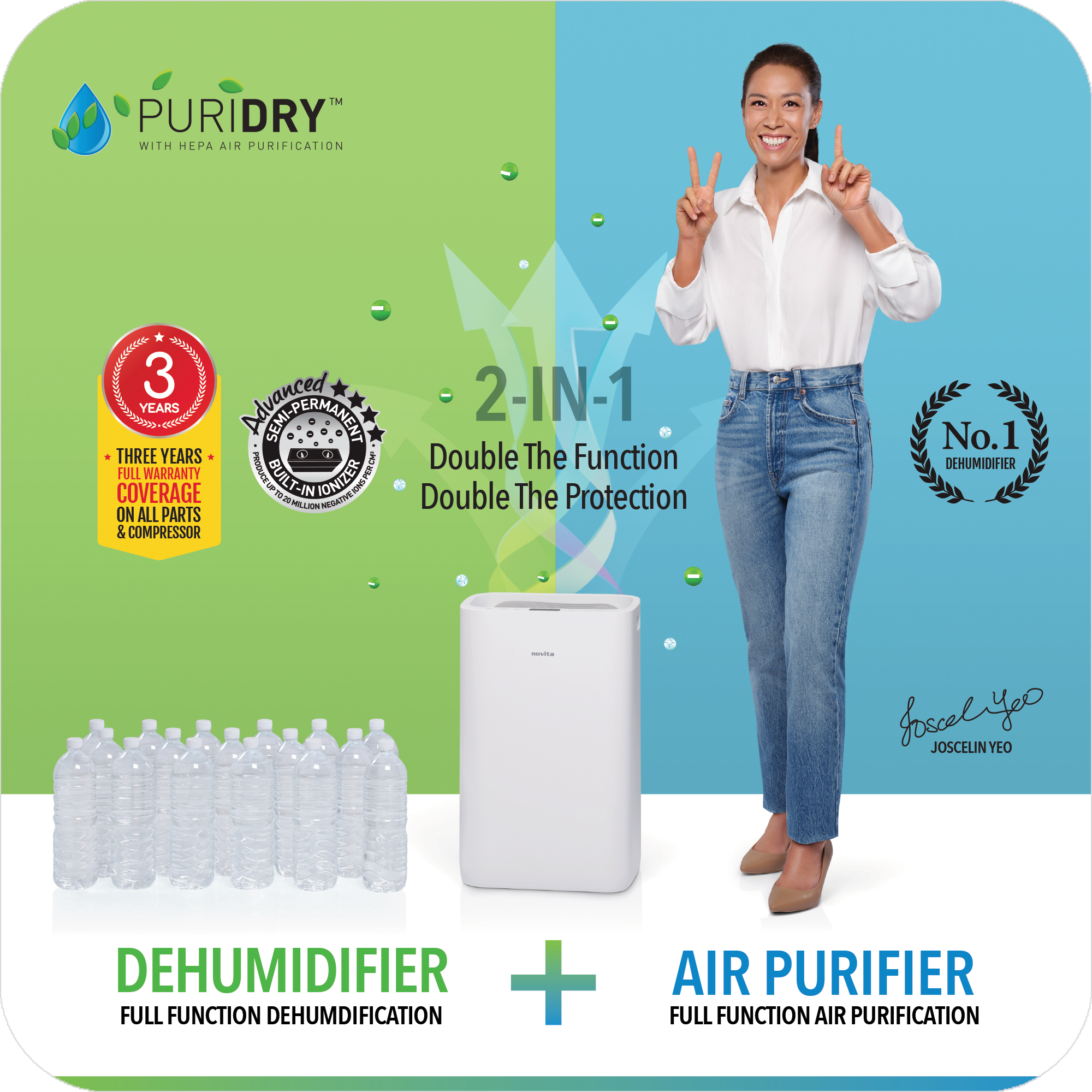 A woman is holding a novita Dehumidifier + Air Purifier The 2-In-1 ND25.5 and a bottle of water, showcasing her control over humidity and thirst-quenching needs.