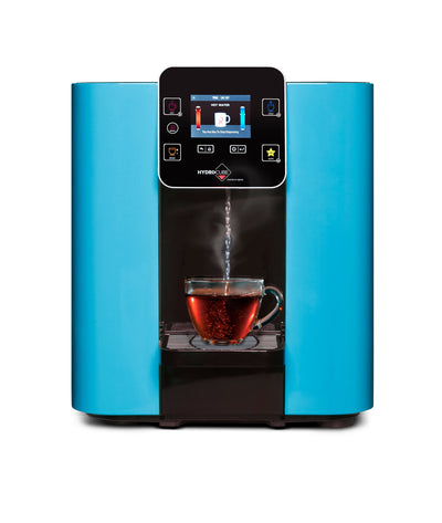 A blue novita HydroCube™ Hot/Cold Water Dispenser W29 with 3 Years Warranty with a cup of tea.