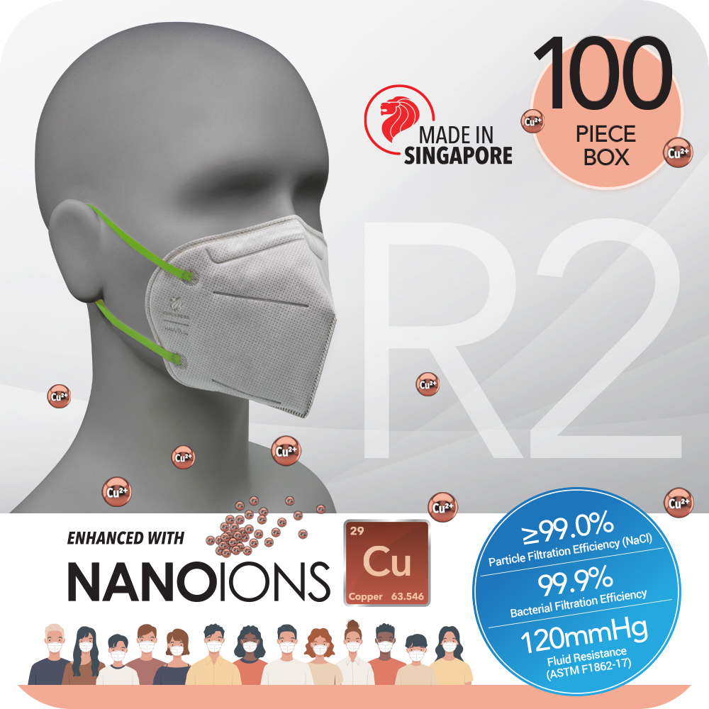 novita SG Nano Copper Ions Surgical Respirator R2 Earband KN95 (100pcs) Twin Pack, with DIY nose bridge pad.