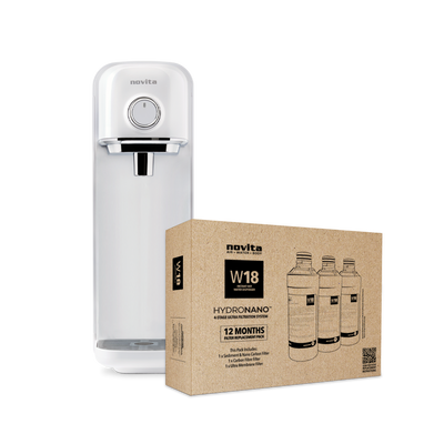 A bottle of water and a box next to a novita SG Instant Hot Water Dispenser W18 - The Simplest.