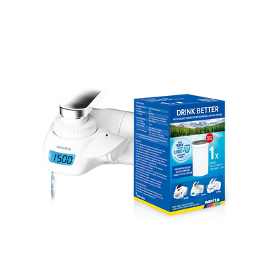 A box with a novita Faucet Water Purifier NP190 & Filter Pack and a bottle of water.