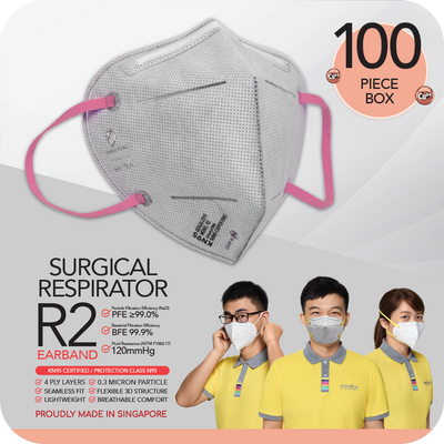 novita SG Nano Copper Ions Surgical Respirator R2 Earband KN95 (100pcs) Twin Pack with DIY nose bridge pad.