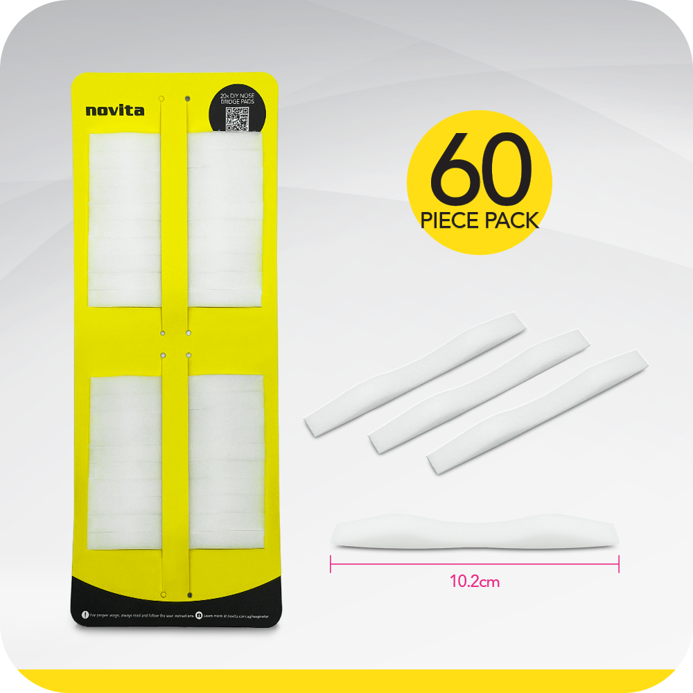 A yellow and white display with a pack of novita SG DIY Nose Bridge Pad (60 pcs) vacuum cleaners.