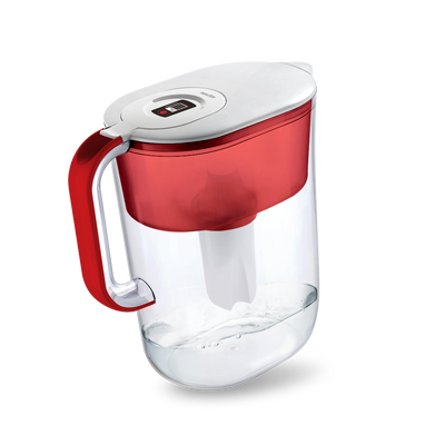 A HydroPlus®/HydroPure™ Water Pitcher NP120 Bundle with a red handle, by novita.
