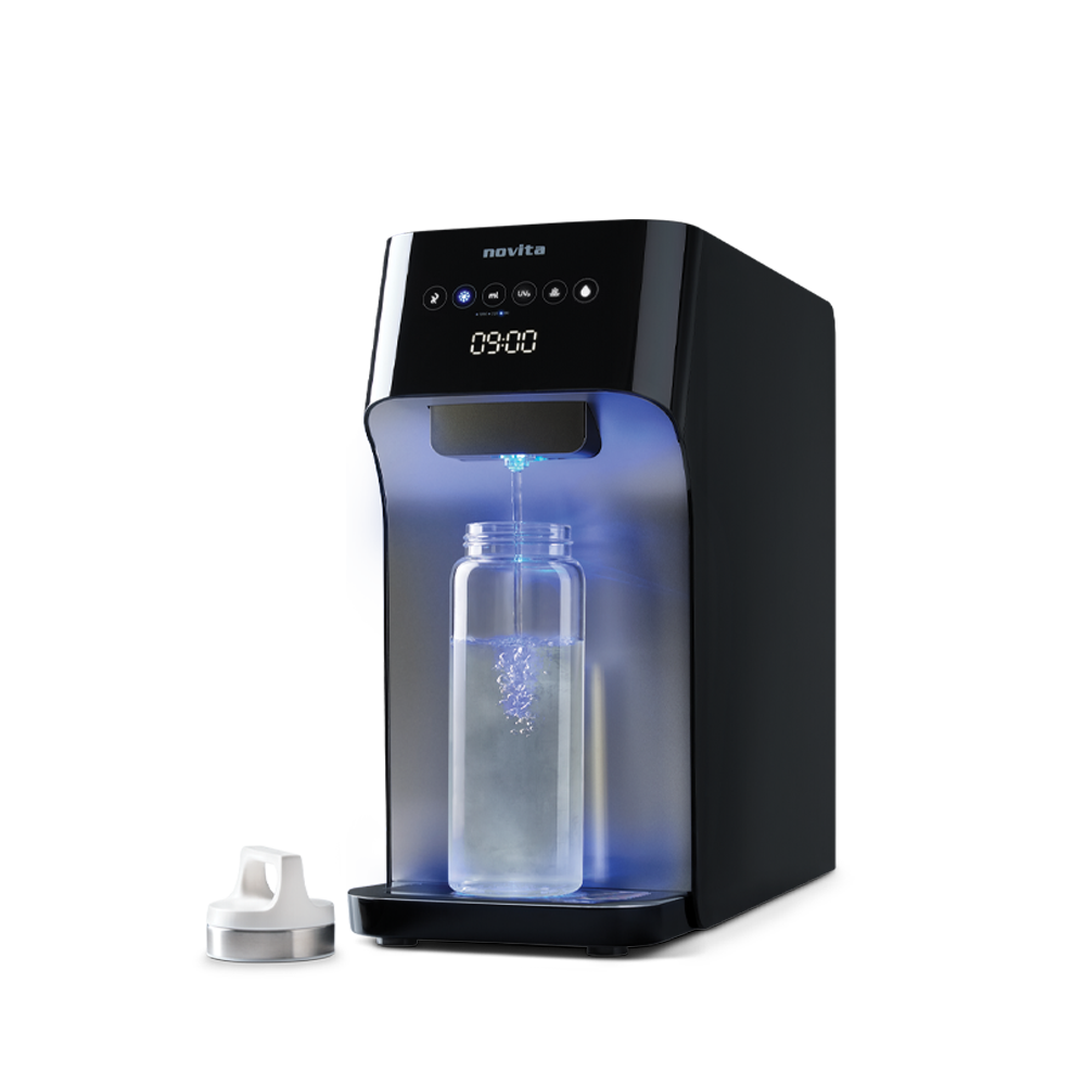 A novita Hot/Cold Water Dispenser W28 with a bottle of water.