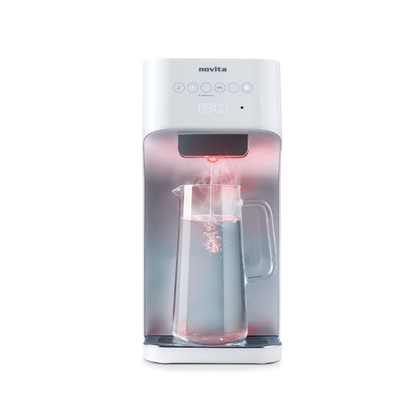 A novita Hot/Cold Water Dispenser W28 – The WaterStation Product Warranty Extension – Standard Extended Onsite Warranty with a glass of water in it.