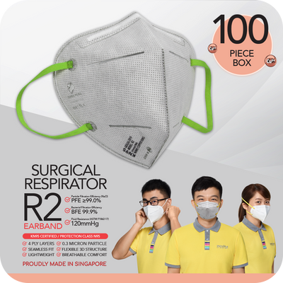 Novita SG's Nano Copper Ions Surgical Respirator R2 Earband KN95 (100pcs) Twin Pack with DIY nose bridge pad.