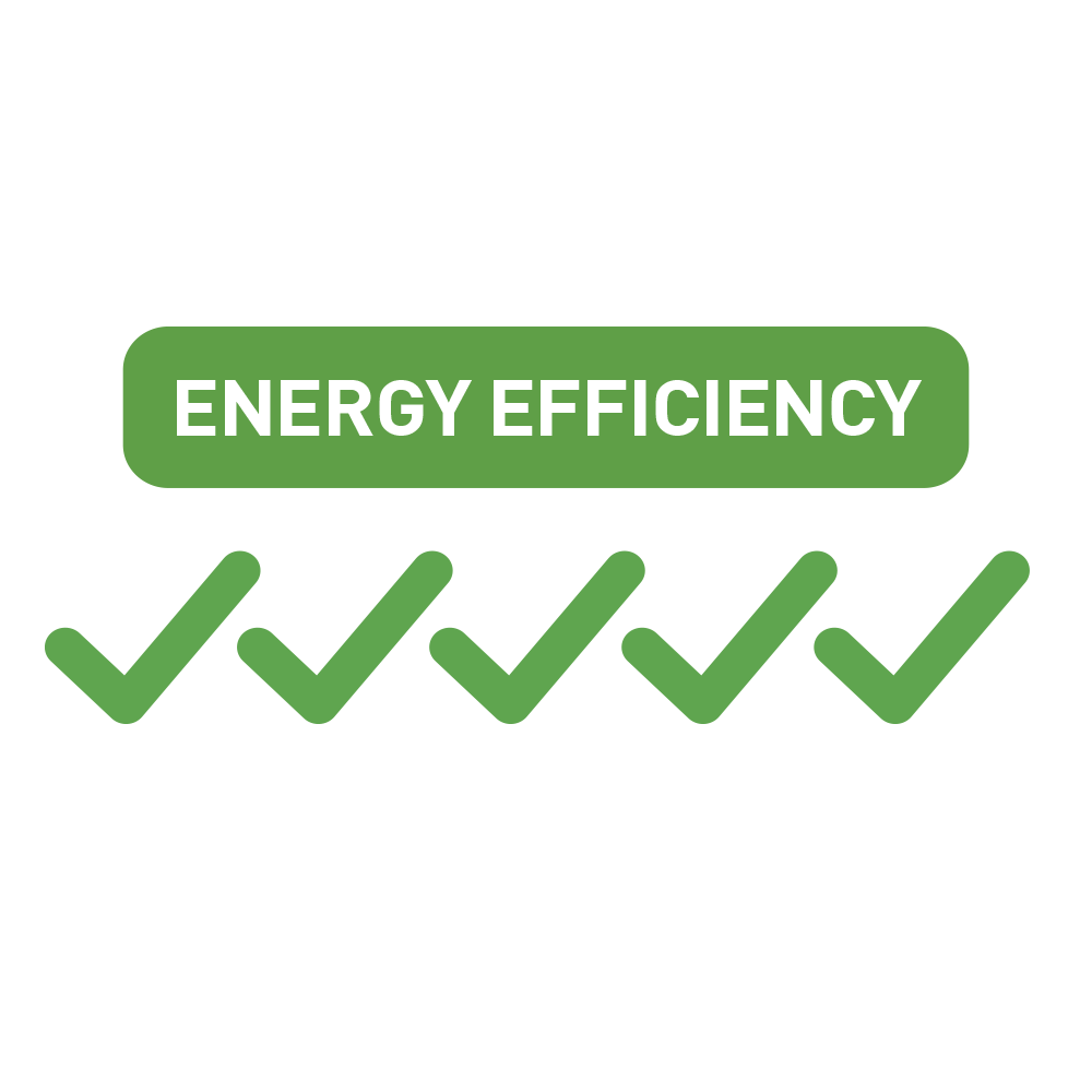 A green energy efficiency check mark on a black background for novita Dehumidifier ND298, an eco-friendly product.