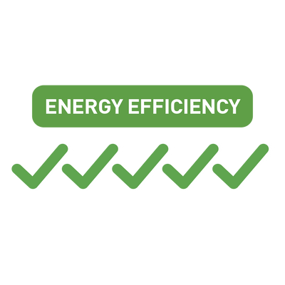 A green energy efficiency check mark on a black background for novita Dehumidifier ND298, an eco-friendly product.
