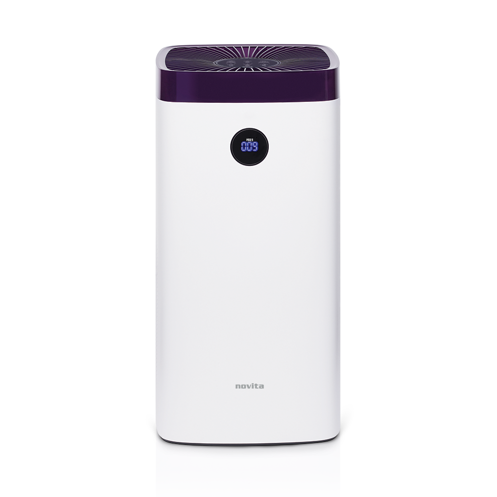 A white and purple novita Air Purifier A18 on a white background.