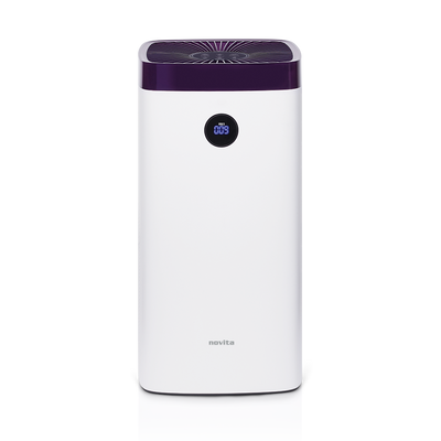 A white and purple novita Air Purifier A18 on a white background.