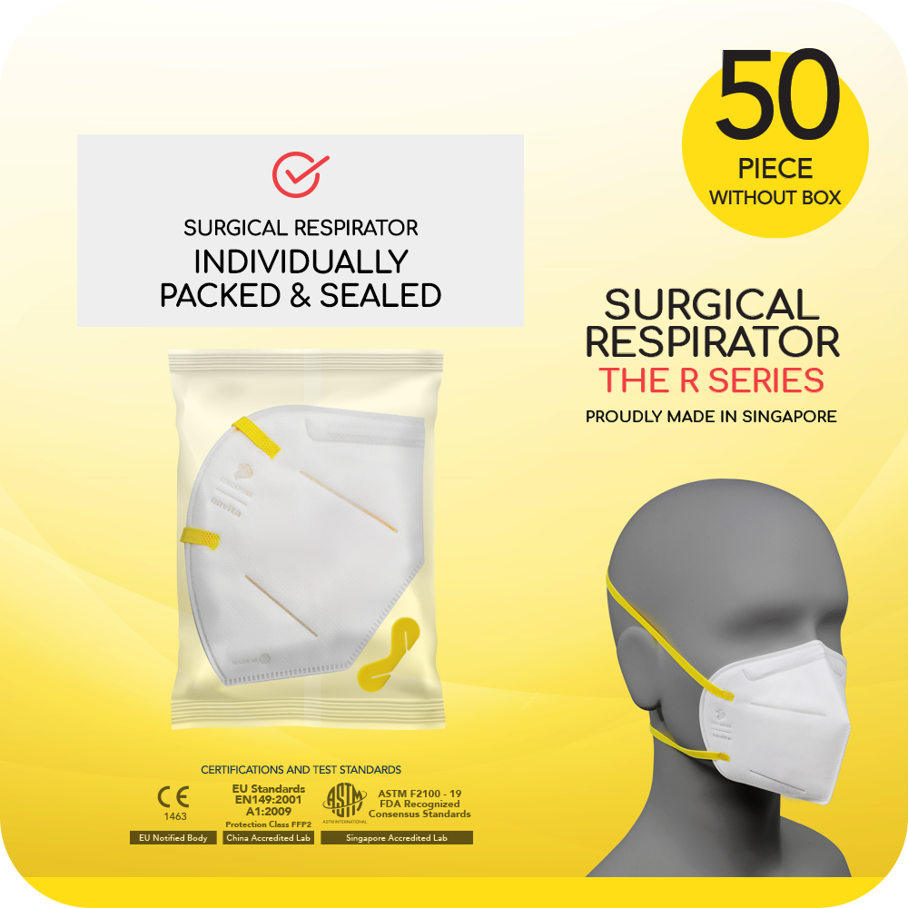 A pack of novita SG Surgical Respirator R7 Headband FFP3 masks (50pcs without box) in a yellow package.