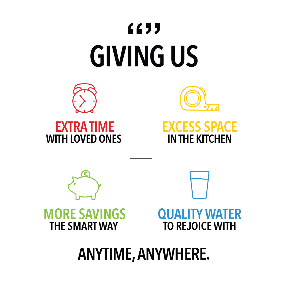 A novita SG poster with the words giving us time, quality, love and smart kitchen anytime, anywhere featuring the Instant Hot Water Dispenser W11.