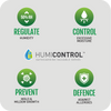 Hum control logo with four different types of products, including a humidifier and novita Dehumidifier ND298.