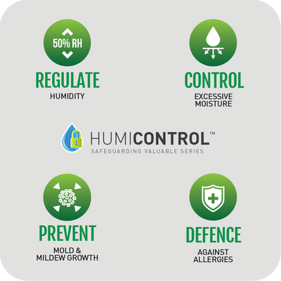 Hum control logo with four different types of products, including a humidifier and novita Dehumidifier ND298.