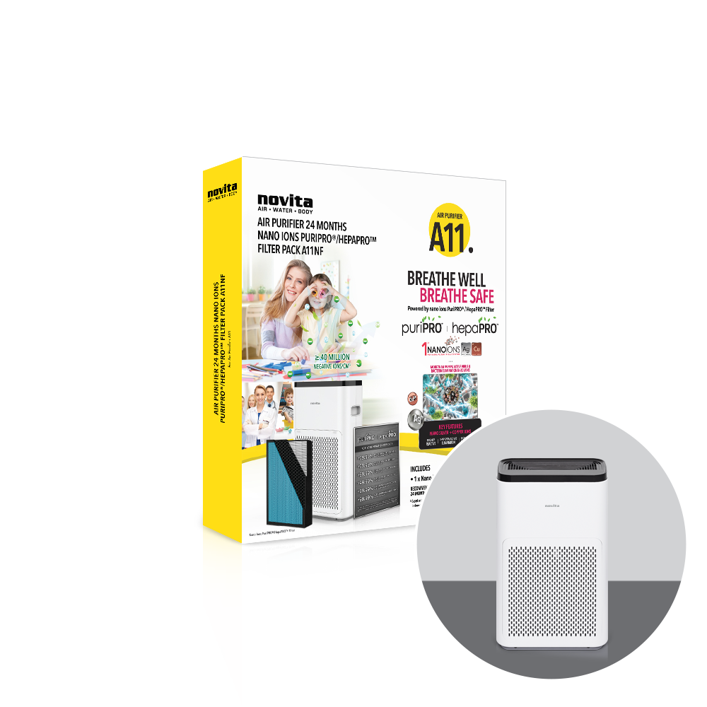 An novita A11 nano ions PuriPRO®/HepaPRO™ 24-Months Replacement Filter Pack with a picture of a woman and a child.