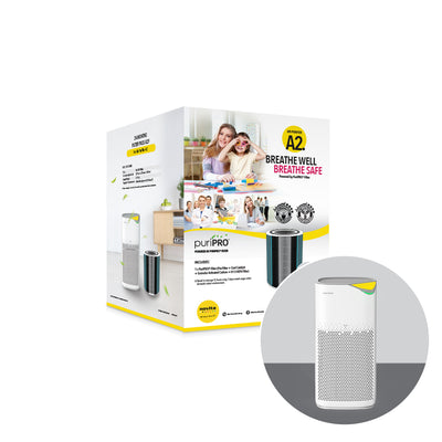 An air purifier featuring a novita A2 PuriPRO® 24-Months Replacement Filter Pack/ Humidifying Replacement Filter Pack.