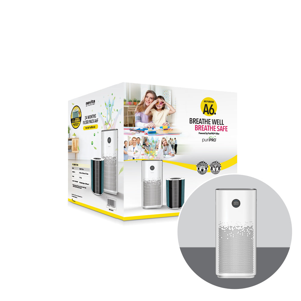An A6 24-Months Replacement Filter Pack box with a PuriPRO® 4-in-1 Filter from novita.
