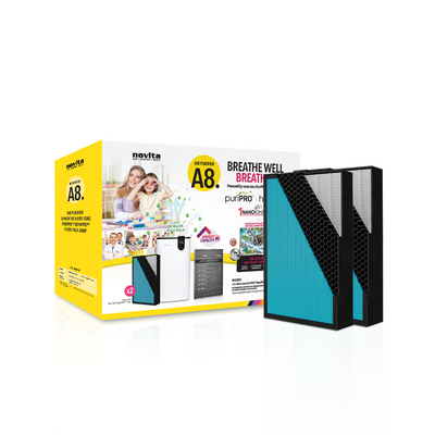 A novita A8/ A8i nano ions PuriPRO®/HepaPRO™ 24-Months Replacement Filter Pack box with an air purifier in it.