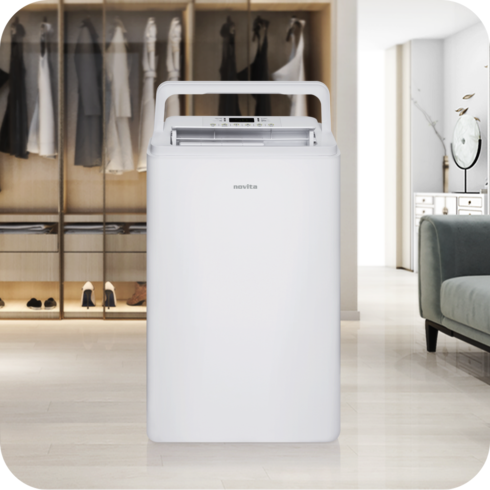 The description of a novita white portable air conditioner in a living room.