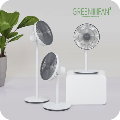 A novita GreenFan® F-3 table fan with a plant on top.