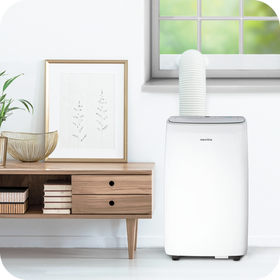 A Coolplus™ 3-In-1 Portable Air Conditioner NAC14000UV by novita with installation options in a living room.