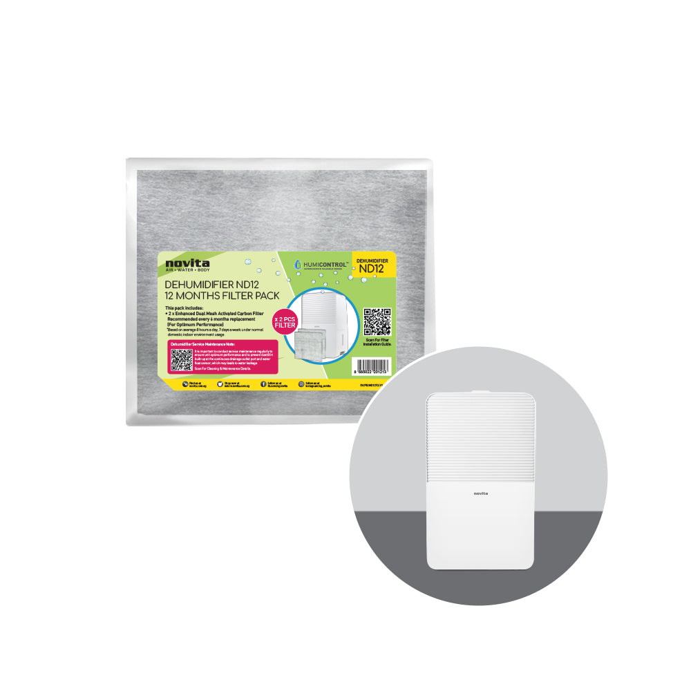 A white box with a novita Filter Pack - For Dehumidifier ND12 (2 Pcs) and a plastic bag.
