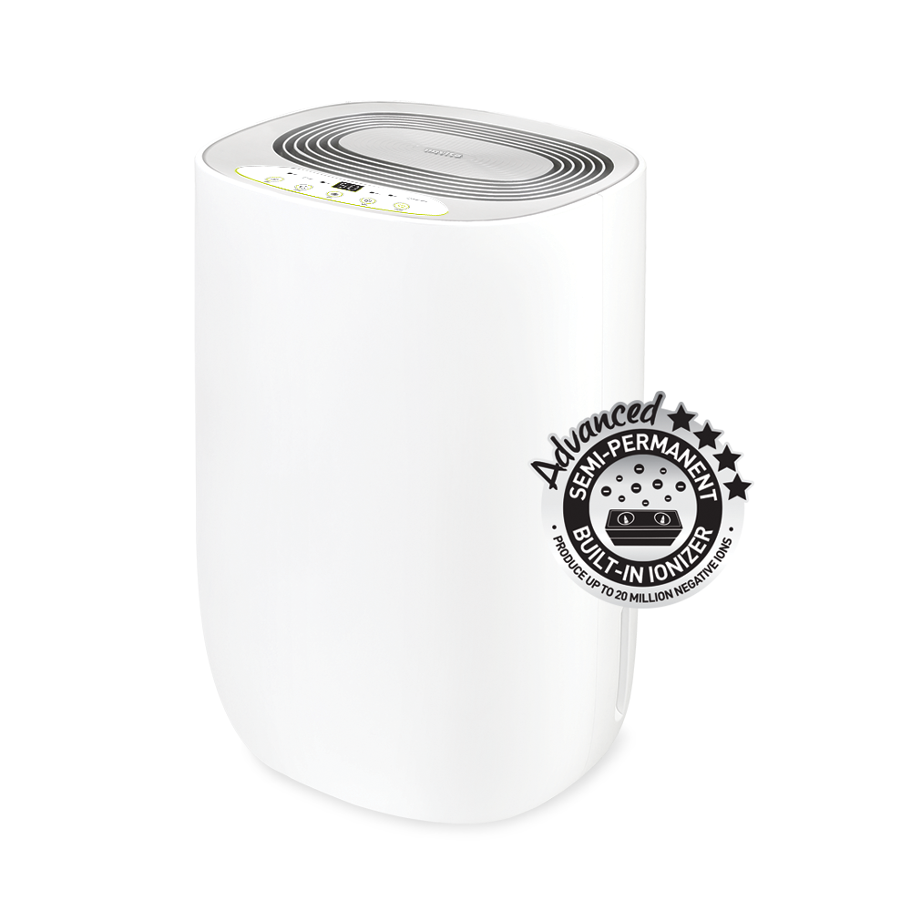 A white novita Dehumidifier ND298 with a badge on it. This compact and sleek novita Dehumidifier ND298 features advanced filtration technology, efficiently removing airborne particles and allergens from your surroundings. As a smart device