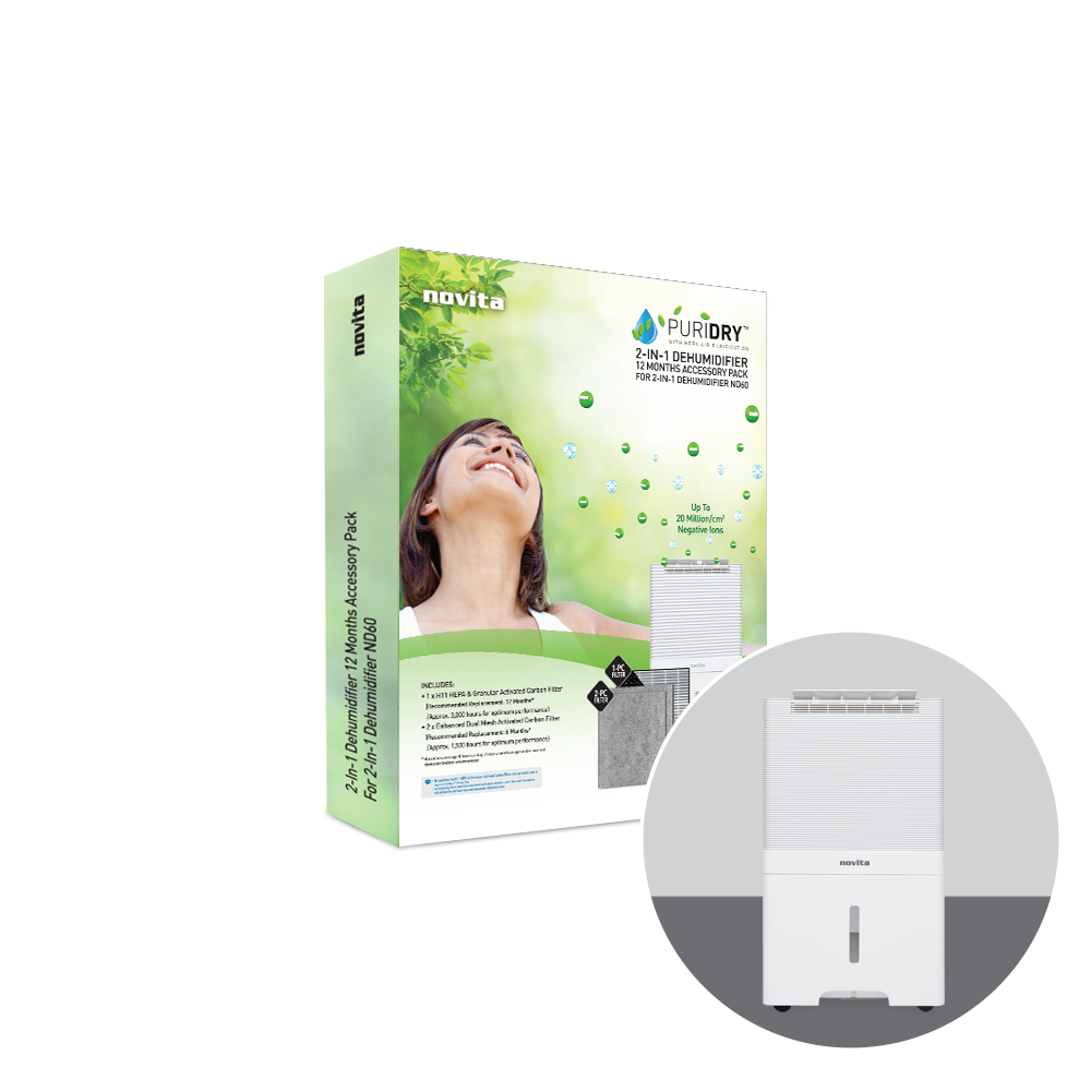 A novita Dehumidifier + Air Purifier The 2-In-1 ND60 12-Months Replacement Filter Pack with a woman in front of it.