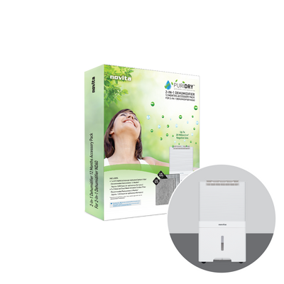 A novita Dehumidifier + Air Purifier The 2-In-1 ND60 12-Months Replacement Filter Pack with a woman in front of it.