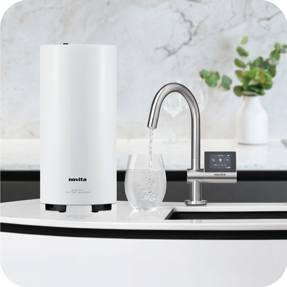Product Description: A white kitchen sink with a novita HydroPlus® Premium Undersink Water Ionizer NP12000 built-in water dispenser.