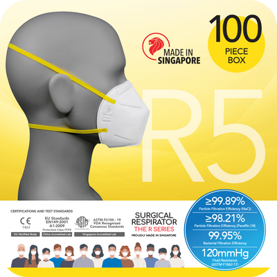 Singapore's novita SG Surgical Respirator R5 Headband FFP2 (100pcs in a box) disposable face masks.