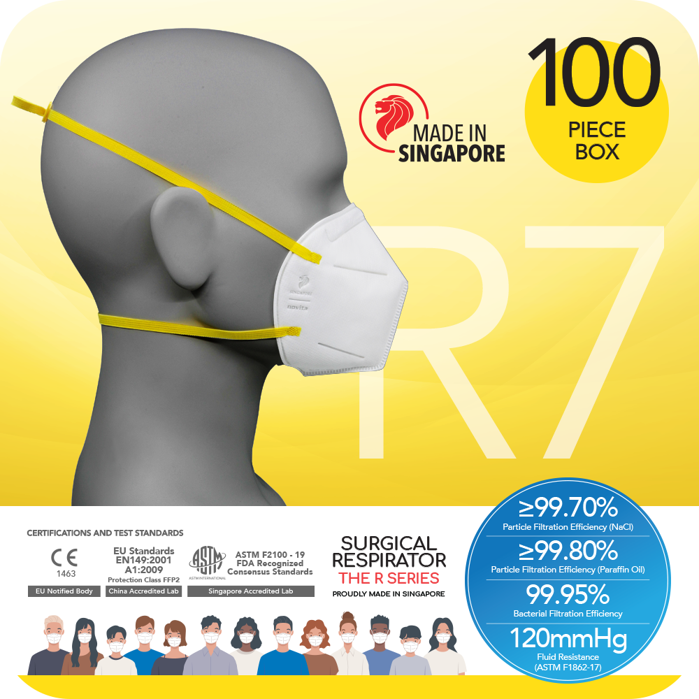 A man wearing a novita SG Surgical Respirator R7 Headband FFP3 (100pcs in a box) Twin Pack face mask.
