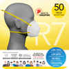 A poster featuring a man wearing the novita SG Surgical Respirator R7 Headband FFP3 (50pcs without box) with an adjustable fastener.