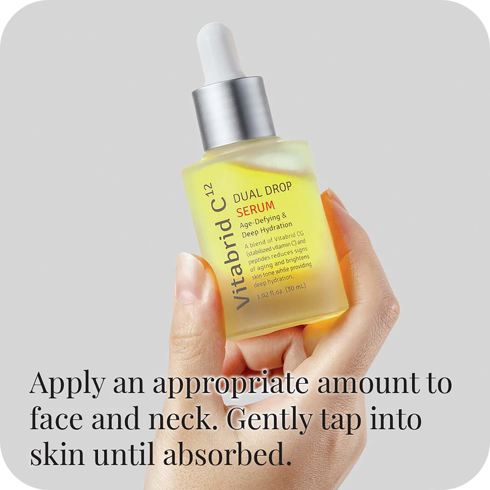 Apply an appropriate amount of Vitabrid C¹² Dual Drop Serum by Vitabrid to face and neck gently tap into skin.