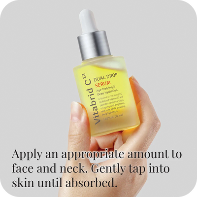 Apply an appropriate amount of Vitabrid C¹² Dual Drop Serum by Vitabrid to face and neck gently tap into skin.