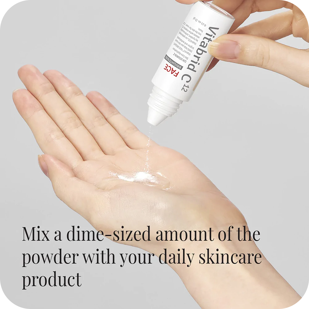 Mix a dipped amount of the Vitabrid C¹² FACE Brightening Powder with your daily Vitabrid skincare product.