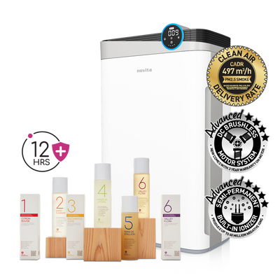 Novita 4-in-1 Air Purifier A4S with a bottle of water and other products.