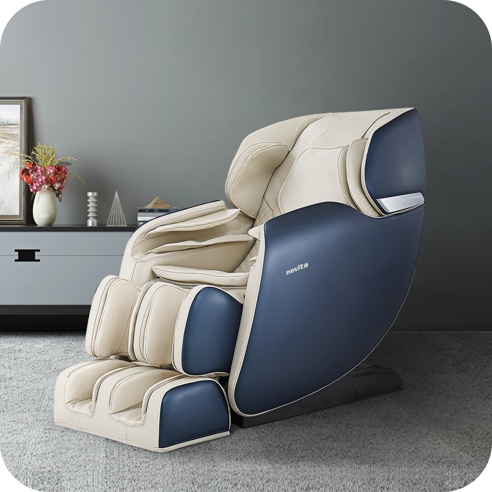 A blue and white novita Massage Chair B11 in a living room.