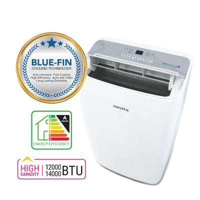 A novita Coolplus™ 3-In-1 Portable Air Conditioner NAC14000UV with a blue fin award that provides various installation options.