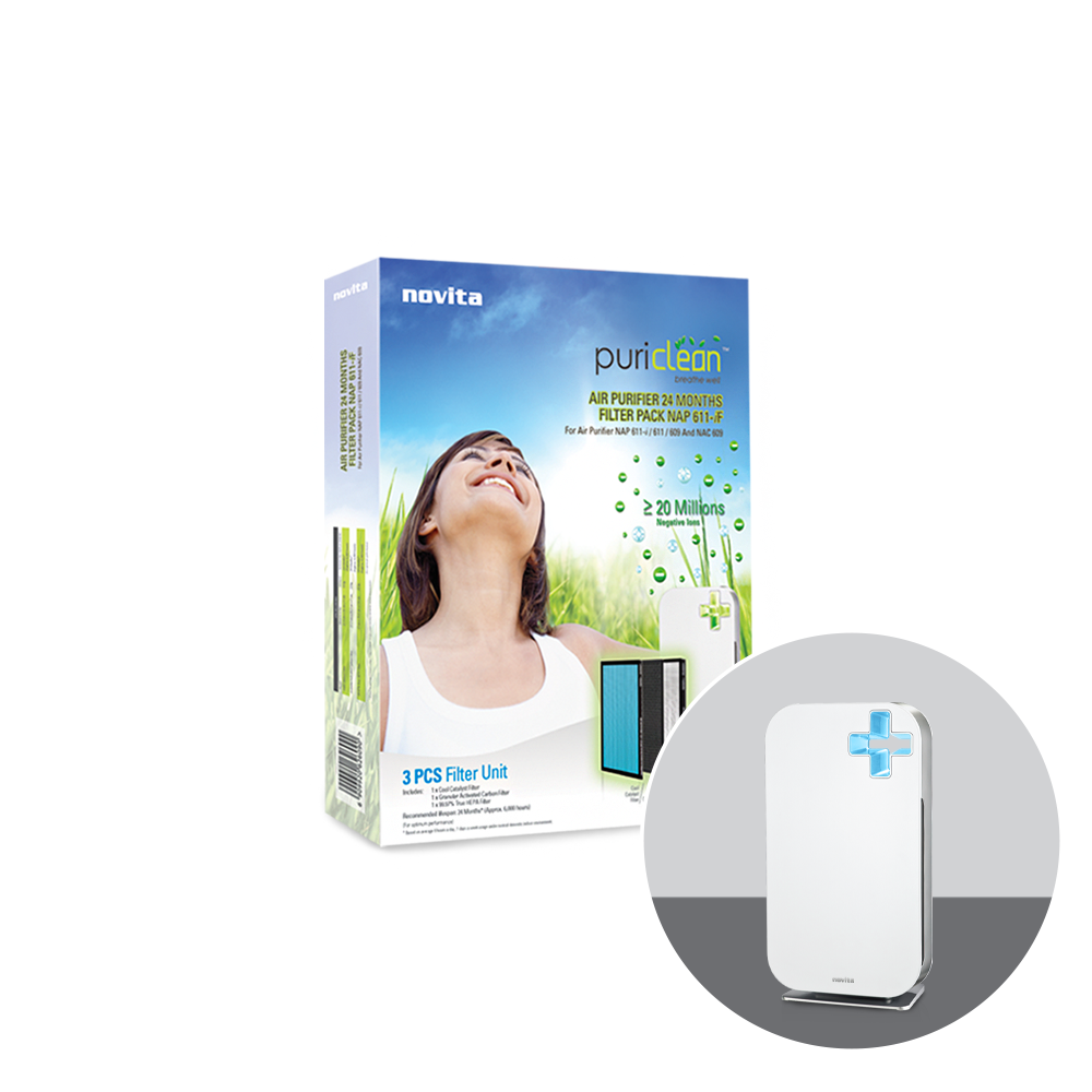 The novita air purifier with a woman in front of the NAP620/611-i/611/609 24-Months Replacement Filter Pack.