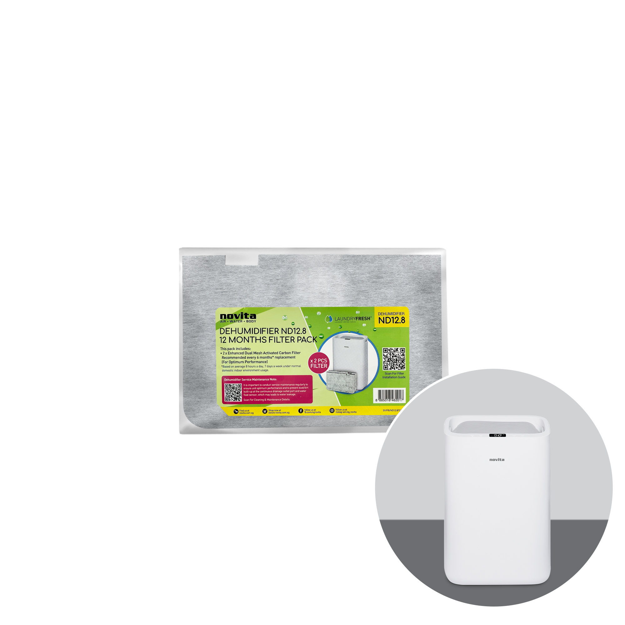 A white novita dehumidifier with a Filter Pack - For Dehumidifier ND12.8 (2 Pcs) bag next to it.