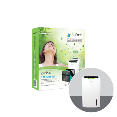 A novita 12 Months Filter Pack (For 2-In-1 Dehumidifier ND2000) with a woman in front of it.