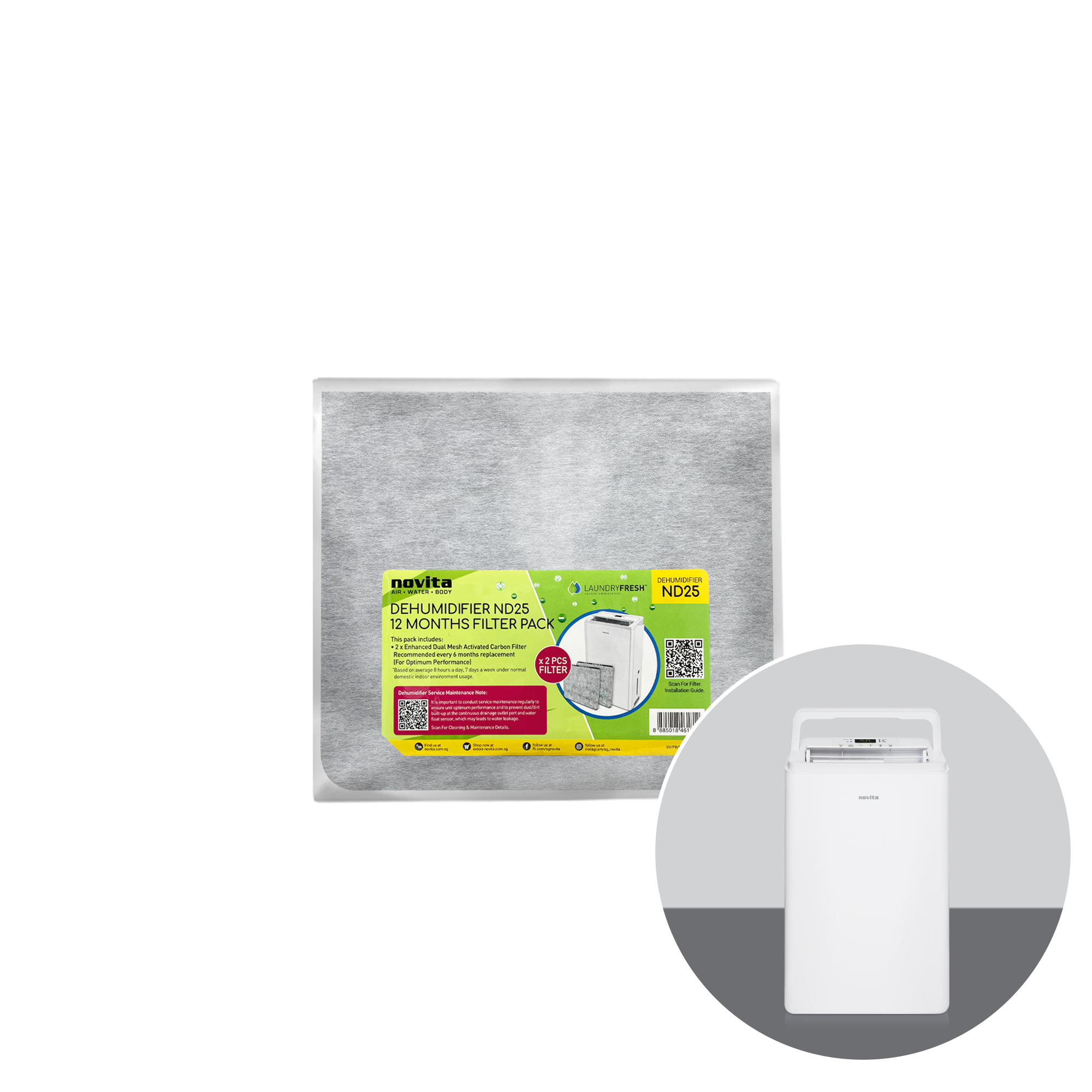 A white novita air purifier with a white Filter Pack - For Dehumidifier ND25 (2 Pcs) bag next to it.