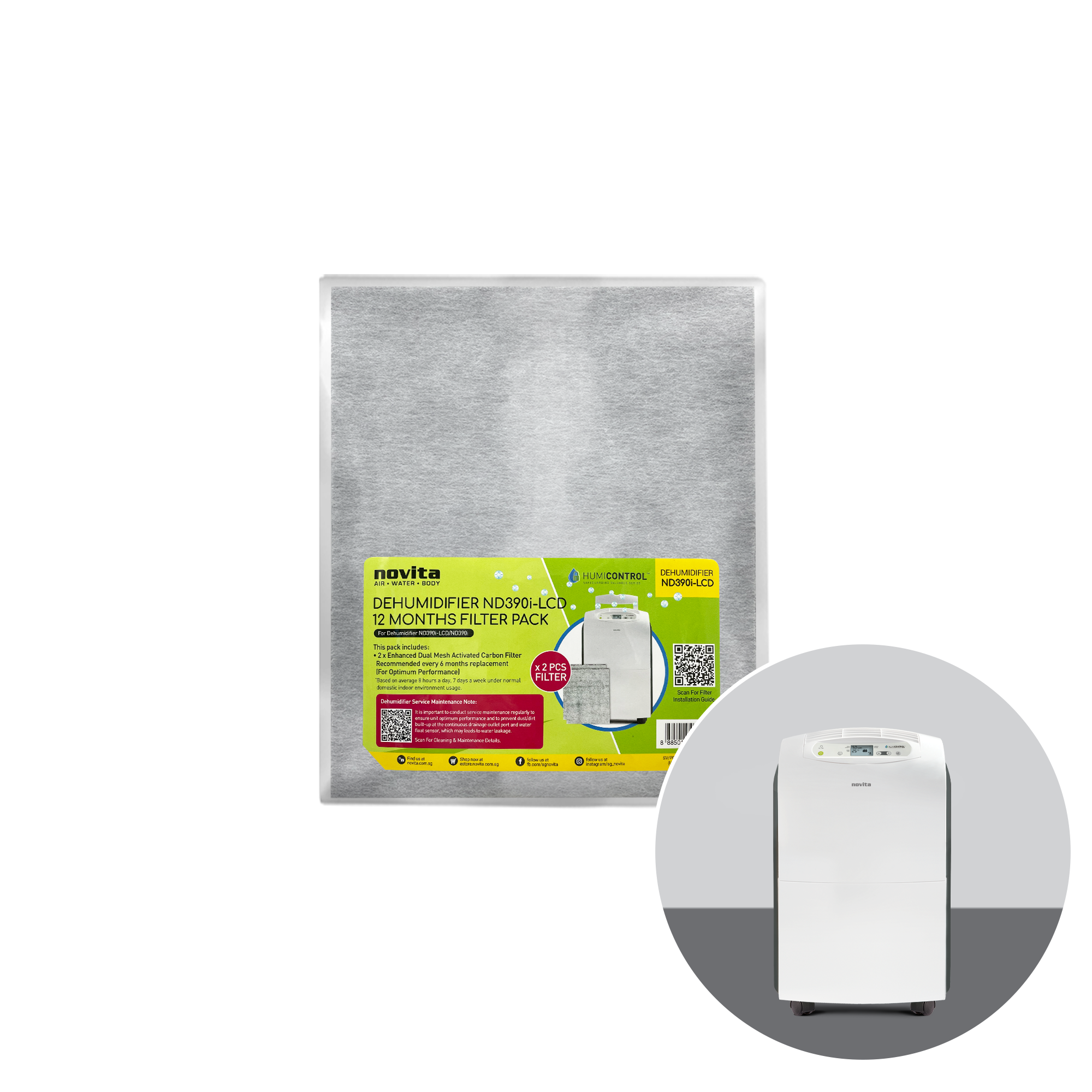 An air purifier with a novita Filter Pack - For Dehumidifier ND390i-LCD/ND390i (2 Pcs) bag and a box.