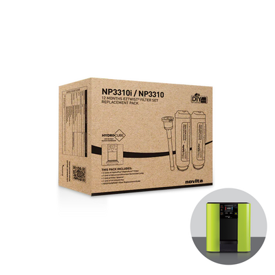 A box with a Hot & Cold Water Dispenser Filter Replacement Service and a bottle of water. Brand Name: novita