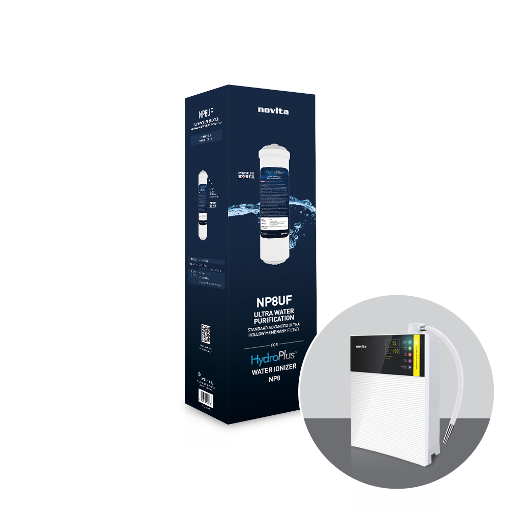 A novita water filter with a box next to it.