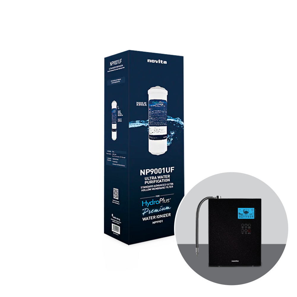 A package with a novita Standard Advanced Ultra Hollow Membrane Filter NP9001UF Twin Pack and a bottle of water.
