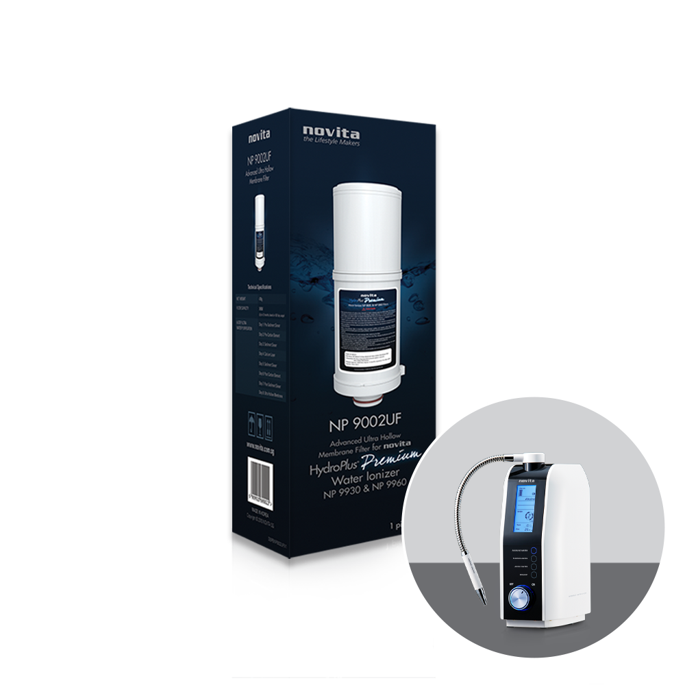 A novita water purifier with a bottle of Standard Advanced Ultra Hollow Membrane Filter NP9002UF Twin Pack next to it.