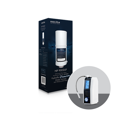 A novita water purifier with a bottle of Standard Advanced Ultra Hollow Membrane Filter NP9002UF Twin Pack next to it.